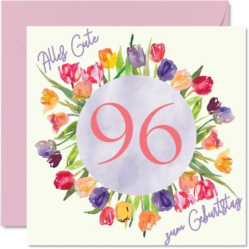 96. Geburtstagskarte für Frauen - Aquarell Tulpen Blumen Strauß - Alles Gute zum Geburtstagskarten für 96 Jährige Frau Mama Oma, 145mm Sechsundneunzig Sechsundneunzigster Geburtstag Grußkarten