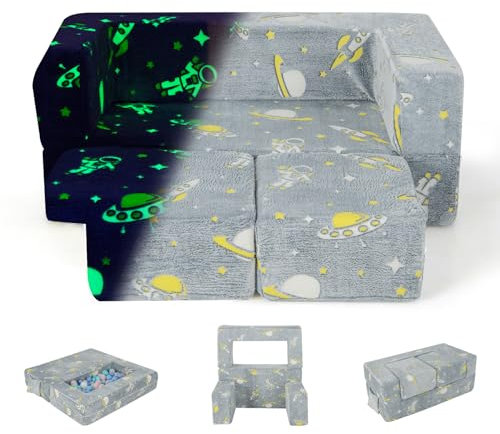 DREAMADE 4-in-1 Kindersofa ausklappbar,107X52X41,5 cm Kindersessel aus Samtstoff mit leuchtenden Mustern, abnehmbarem Bezug & Seitentaschen, Kindercouch Spielsofa für Mädchen und Jungen (Grau)