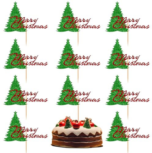 Weihnachtskuchenaufsätze, 10 Stück, Weihnachtsbaum-Cupcake-Aufsätze, rote Buchstaben, Cupcake-Pick, Essenstäbchen, Frohe Weihnachten, Thema, Party, Kuchendekorationen Zubehör