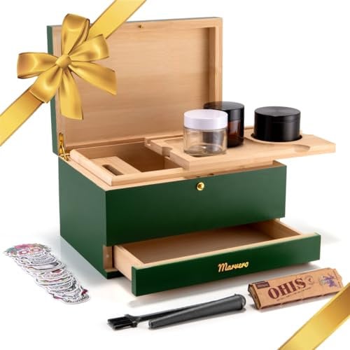Marvero Großes Bambus Tablett Set - Premium Stash Box Mit Herausnehmbarem Tablett | Gläser Crusher | Zubehör (25 * 18 * 14 CM)