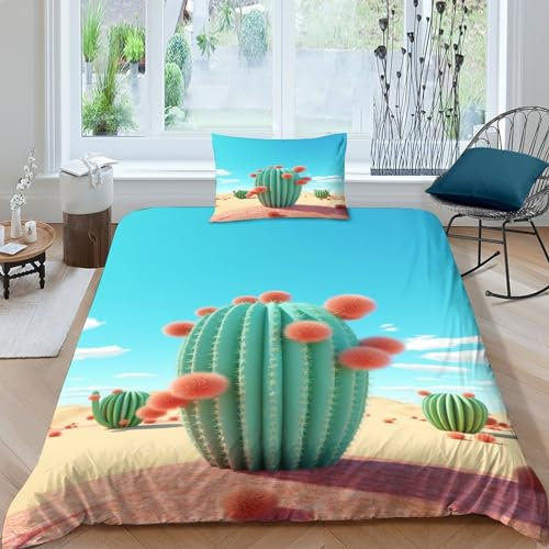 VCLUST Kaktus Bettwäschegarnitur Bettbezug Set 3D Gedruckter kreativ Mädchen Junge Kinder Bettwäsche Reissverschluss Weich Microfaser Und Kissenbezüge 2 Teilig Single（135x200cm）