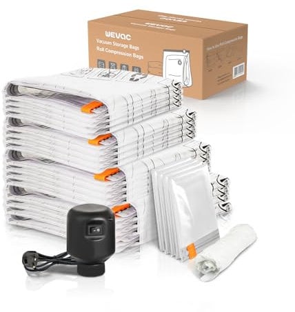 Wevac 20 Combo Vacuum Storage Bags (4 Jumbo, 4 Large, 4 Medium, 4 Small, 4 Roll-Up) with Electric Pump Double Zip Seal | Special-Grip Clip | Ideal for Clothes, Blanket Compression and Travelling