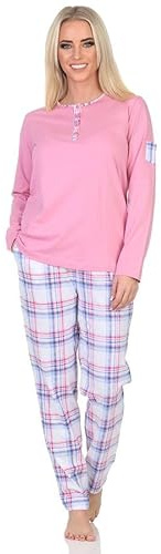 Normann Damen Schlafanzug Langarm mit Karierter Jersey Hose - auch in Übergröße, Farbe:rosa, Größe:60-62