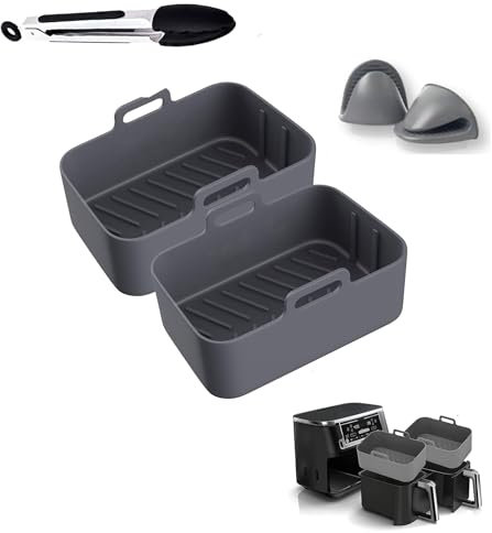 Hmseng Silicone Air Fryer Liners, Reusable Dual Air Fryer Basket, Ninja Air Fryer Accessories, Air Fryer Silicone Pot, Silicone Oven Mitts, basting brush for Air Fryer, Oven and Microwave - Gray