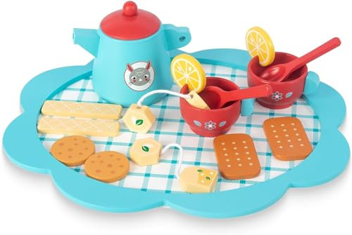 Wooden Tea Set for Little Girls, Play Food Pretend Play Kitchen Accessories for 3 4 5 Years Old Girls Boys, Toddler Princess Tea Time Party Food Toys