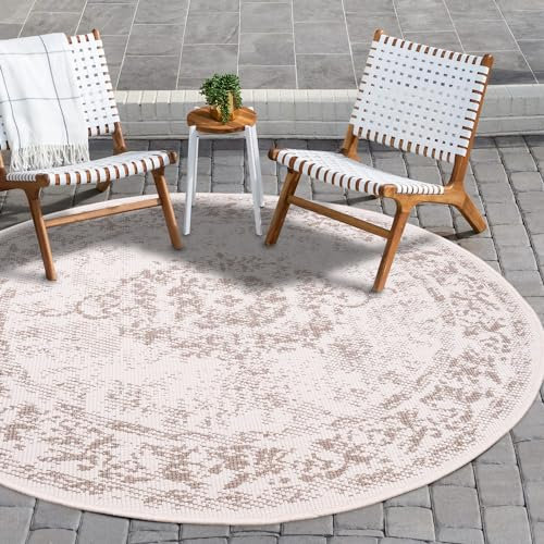 payé In- & Outdoor-Teppich - Creme Beige - 160x160cm Rund - Ornamente - Wendeteppich Wetterbeständig für Balkon Terrasse - Indoor Teppiche Wohnzimmer Küche