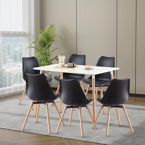 LafeuR Esszimmergruppe Esstisch mit 6 Stühlen, Rechteckig Küchentisch-Set Essgruppe für Küche Esszimmer und Wohnzimmer (Weiß Tisch+6 Schwarz Esszimmerstühle)