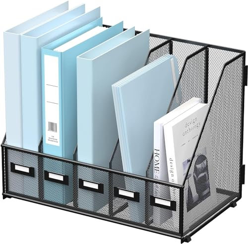 SUPTIDY Metallischer Schreibtisch Organizer mit 5 vertikalen Fächern, Magazin Ständer für Büro, Homeoffice und Arbeitsplatz, Schwarz