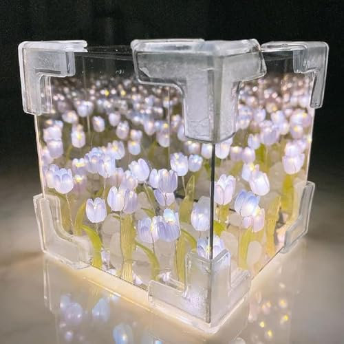 GUSHE Blossom Box, DIY Tulips Cube Mirror Lamp, DIY Tulpenwürfel Spiegel Lampe, Tulpen Nachtlicht, LED Blumen Tulpen Licht, Handgemachte Tulpe Lampe für Tisch Schlafzimmer Heim Dekoration (Violett)
