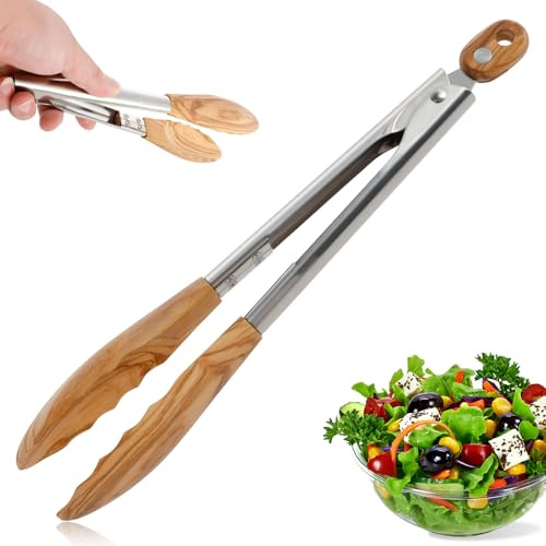 Premium Küchenzange aus Olivenholz+Edelstahl, 28.5 * 4cm Spaghettizange Nudelzange zange Küche, Kratzfest, Fester Griff, Leicht zu Verstauen, zum Kochen, Grillen und Salatschwenken Geeignet
