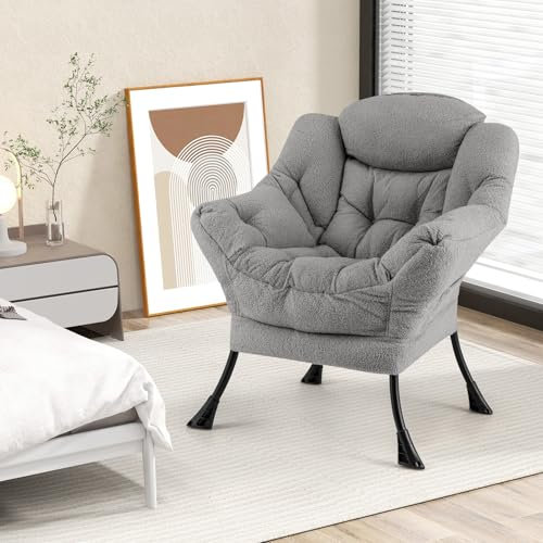 COSTWAY Fauteuil Salon Scandinave Relax en Sherpa, avec Oreiller et Poche Latérale, pour Lecture, Cadre en Métal pour Charger 150 KG (Gris)