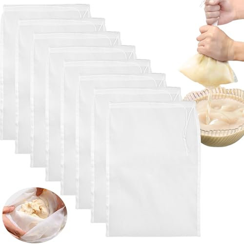 Aerzouser 8 Stück 30 x 20 cm Nussmilchbeutel, Nylon Nussmilchbeutel bio Waschbar mit Kordelzug Nussmilchbeutel, Nussbeutel, Wiederverwendbares Passiertuch, für Nüsse, Sojamilch, Saft, Gemüse(8 Stück)