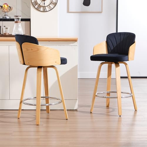 chairus Barstuhl 2er Set, Barhocker Samt Drehbar Küchenstühle im Muschelstil mit doppeltem Rückenpolster Thekenhocker Gebogene Holzbeine für Hausbar/Küche,