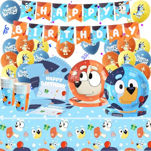 88 Piezas Decoración de Cumpleaños Blue-y, Juego Completo de Fiesta Blue-y con Banner, Globos, Vasos, Servilletas, Manteles, Platos de Papel y Otros Accesorios para Fiesta de Cumpleaños Infantil