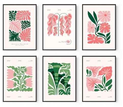 Lot de 6 affiches murales botaniques - Motif floral vert et rose - 20,3 x 30,5 cm - Kit de collage - Impression sur papier - Sans cadre - Art abstrait moderne