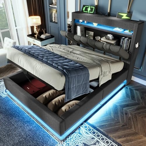 Huayz Polsterbett 90x200, LED Einzelbetten mit Stauraum und Lattenrost, Kopfteil mit Staufach und USB- und Typ-C Ladefunktion, Hydraulisch Stauraumbett Rückenlehne,Leinenstoff, ohne Matratze
