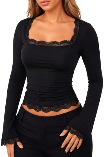 Navneet Women Bell Sleeve Lace Top Square Neck Going Out Tops | Sexy Long Sleeve Crop Tops, Elegant Party Top, Night Out Clubbing Tops, Rave Festival Outfits, Spring Autumn Top