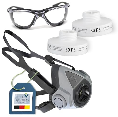 Atemschutz Starter-Set Halbmaske BariMask HF, 2 Filter 30 P3, Schutzbrille | Profi Atemschutzmaske gegen Staub, Rauch, Partikel – wiederverwendbar & komfortabel. Inkl. 2 Filter 30P3 & Schutzbrille