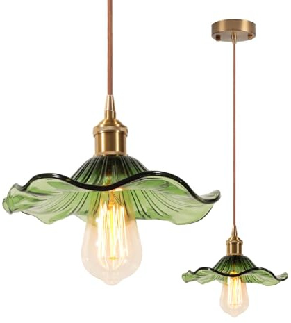 LIGINOK Suspension en Verre Industrielle Vintage Lampe Suspendue E27 Lustre avec Abat-jour en forme de Lotus Hauteur Réglable Plafonniers pour Cuisine Salle à Manger Chambre Bar (Vert)