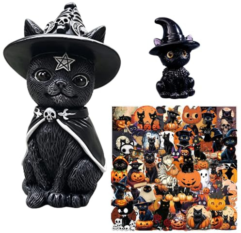 OPVXZAD Halloween Hexenkatze Deko Figur Set Schwarze Katze mit Hexenhut Sammelfigur Mini-Katzenfigur 50 Aufkleber Resin Deko für Halloween Tisch Fenster perfekte Geschenkidee für Katze Fans