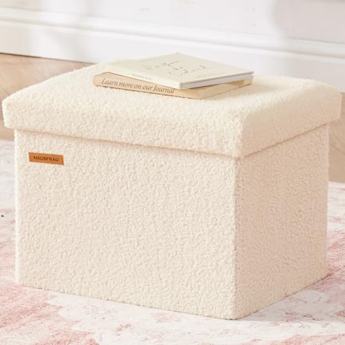 HAUSFRAU Sitzhocker mit Stauraum kleine Sitzbank Teddy Hocker klappbar | Polsterhocker Aufbewahrungsbox Fußbank für Wohnzimmer Schlafzimmer Flur, bis 130 kg belastbar, 42x31x31cm, Teddystoff, Beige