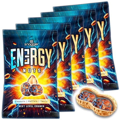 SNAGGER ENERGY NUTS - 5x 90g Erdnüsse geröstet & gesalzen mit Koffein & Taurin – Gamer Snack mit Energy Kick – wie ein Energy-Drink – mit Honig verfeinert