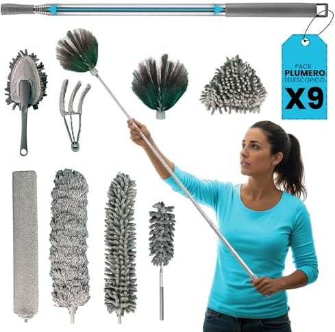 PRIME ESSENTIALS® Plumero Atrapapolvo Lavable I Plumero telescópico Extensible 215 cm Longitud I 9 Piezas I Duster Extensible Ideal para Limpieza de Techo, Ventiladores y Muebles.