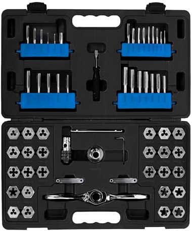 Champion Cutting Tool 62-Piece Tap and Die Set, UNC/UNF, SAE, Metric Sizes with Ratcheting Wrench, High Speed Plug Taps & Hex Dies for Metalworking, Automotive, Construction, Part# CS60P-A