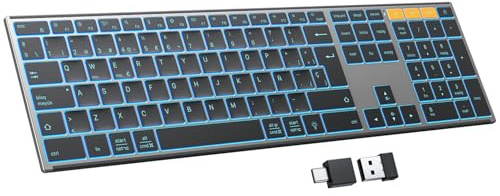 OMOTON Teclado Inalámbrico QWERTY Español Bluetooth/2.4G para Windows/Mac | Carcasa metálica, Teclas silenciosas retroiluminadas, Teclado completo, USB-C Recargable, Multidispositivo, Oficina/studio