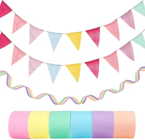 Pastell Party Deko, 6 Rollen Krepppapier Luftschlangen & 2 Wimpelketten | 6 Rollen Krepppapier Luftschlangen 2,2m & 2 Wimpelkette 4m, bunte Party Deko für Geburtstag, Hochzeit, Gartenparty