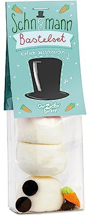 Schneemann Bastelset - weiße Marshmallow Schneebälle, Schokodrops und Zuckermohrrübe. Ein Bastelset für Weihnachten - für Kids und Erwachsene