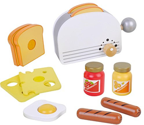 Toaster Set für Spielküche aus Holz mit Frühstück Toast und Lebensmittel