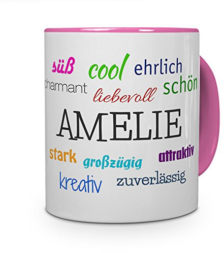 printplanet Tasse mit Namen Amelie - Positive Eigenschaften von Amelie - Namenstasse, Kaffeebecher, Mug, Becher, Kaffeetasse - Farbe Rosa