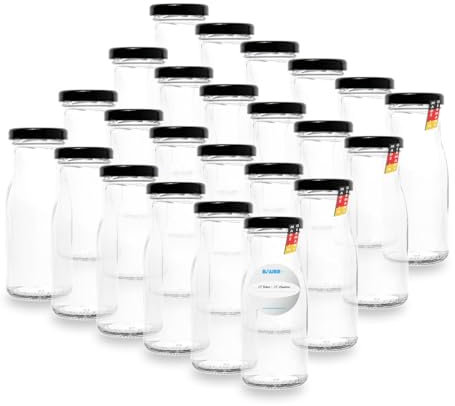 24 Leere Flaschen, kleine Glasflaschen 150 ml in Weiß TO43 mit schwarzem Verschluss – Zum Befüllen von Milchflaschen, Saftflaschen, oder als Deko-Vase, inklusive Etiketten