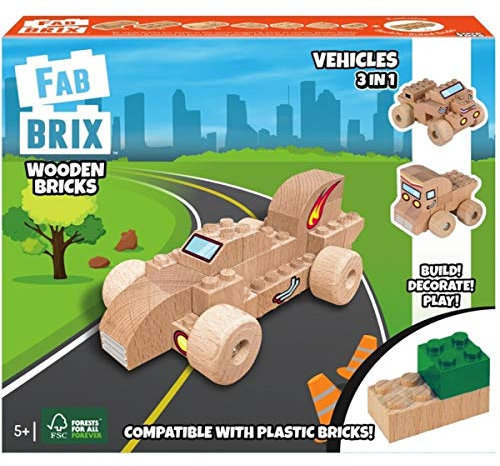 FabBrix Vehicles FB-1810 Holzbausteine, Klemmbausteine aus zertifiziertem Buchenholz, 100% kompatibel mit konventionellen Bausteinen