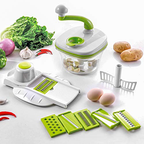 Kvota Cortador de verduras con bandeja recogedora, incluye 6 discos intercambiables manuales, 1,5 L