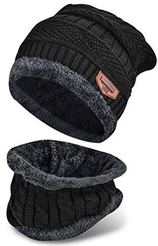 SZGIARUY 2 PCS Winter Beanie Hat Scarf Set Warm Knit Hat Thick Fleece Lined Winter Hat & Scarf for Men Women Skull Cap (Black)