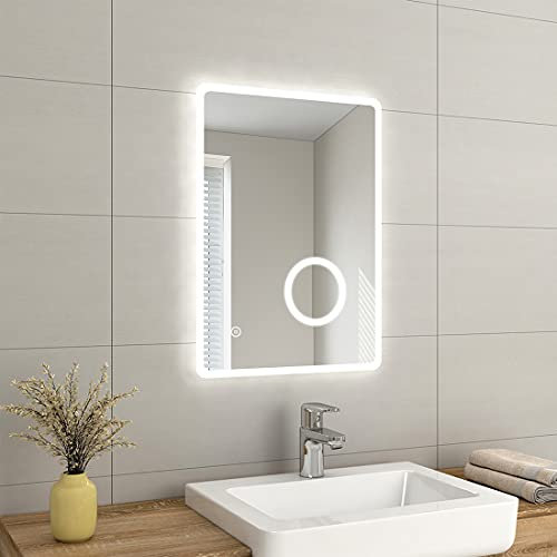 EMKE Backlit Illuminated Bathroom Mirror with Shaver Socket 500x700 mm, Wall Mounted Multifunction LED Bathroom Vanity Mirror with Touch Switch, Demister Pad and 3x Magnifier [Vertical]