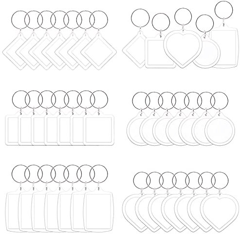 Keadic Lot de 40 porte-clés en acrylique transparent avec cadre photo personnalisé, en forme de cœur, rectangle, rond, carré, losange comme cadeau, convient pour les œuvres d'art, claire, 40mm 47mm