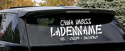 myrockshirt Heckscheibenaufkleber mit Firmenname und Wunschzeile für Ihren China Imbiss ca.100cm Schaufenster Beschriftung Aufkleber