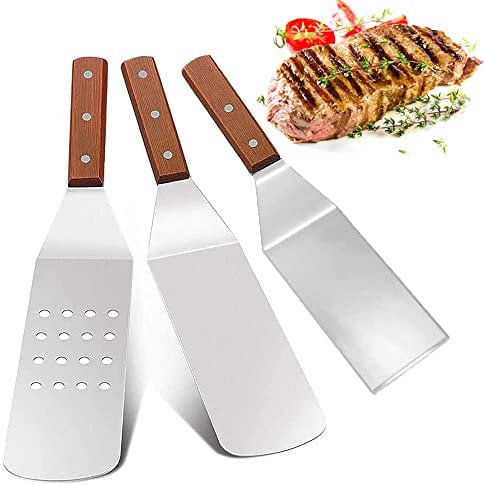 3 Pièces Ensemble de Spatule en Acier Inoxydable, Spatule Plancha INOX, Spatule Barbecue INOX, Antiadhésif, Antirouille, Manche en Bois, pour Barbecue, Cuisine, Extérieur, Cuisine, Teppanyaki