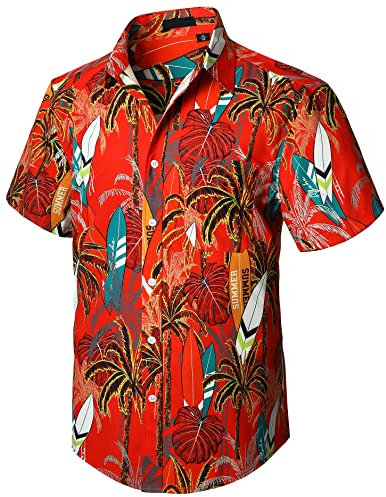 Enlision Hawaii Hemd Männer Sommer Kurzarm Rot Hawaiihemd Palmen Mit Brusttasche Strandhemd L