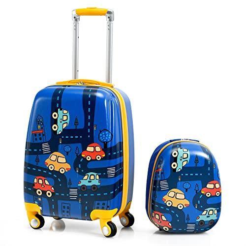 GOPLUS Valise Enfant Fille Garçon, Valise Enfant 18” &Sac à Dos 12”, Trolley à roulettes ABS, Hauteur de Poignée Réglable, Valise de Voyage Bagage Cabine en Vol (Voiture)