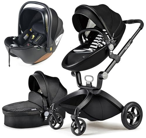 Hot Mom Kinderwagen 3in1 Set Klassik Kombikinderwagen, Modell F22 mit Alu-Rahmen/Vollgummireifen (Schwarz)