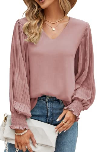 Odosalii Womens Tops to Wear with Leggings Relaxed V-Neck Tunic Shirts Patchwork Lantern Sleeve Longline Pink Blouses Size 18 20