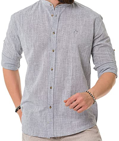 Cipo & Baxx Herren Leinen Hemd Langarm Stehkragen Regular Fit CH198 Grau S
