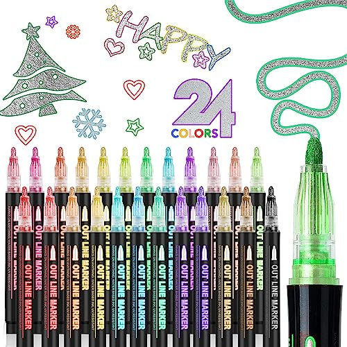 YeahBoom Outline Stifte set, 24 Farben Double Lines Glitzerstifte, Double Line Marker, Farben Magische Stifte, Metallic Magic Stiftes für Malen, Geschenkkarte, Scrapbooking, Halloween Erwachsene