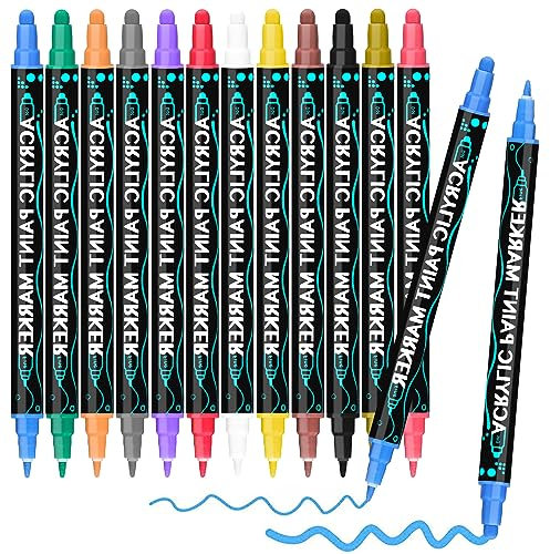 Autoau Rotuladores Acrilicos, 12 Colores Marcadores Pintura Acrilica Permanente Rotuladores Doble Punta Acrilica para Pintar Piedras Cerámica Vidrio Madera Tela Lienzo Porcelana Metal