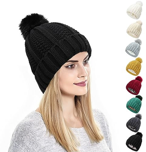 Kunyeah Damen Winter Beanie Mütze Strickmütze mit Pompon Satin Seide gefüttert Hut Warm Einfarbig Hut für Frauen Mädchen