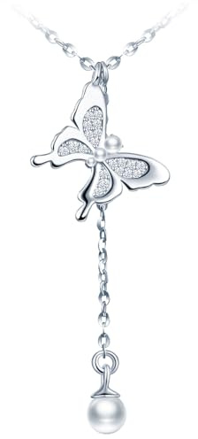 MICMIF Damen Kette 925 Silber Schmetterling Halskette, Zirkonia Schmetterling Anhänger mit Tropfen Perle, Halskette Y-Form Silberkette 41+5 cm Schmuck für Frauen Mädchen